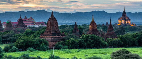 Ancient temple archeology in Bagan after sunset, Myanmar temples in the Bagan Archaeological Zone Pagodas and temples of Bagan world heritage site, Myanmar, Burmar.