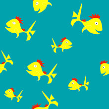 Funny Fish Seamless Vector Pattern. Smiling Yellow Shark On A Green Background