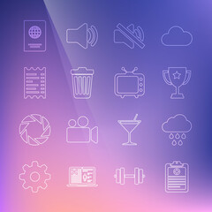 Sticker - Set line Clinical record, Cloud with rain, Trophy cup, Speaker mute, Trash can, Paper financial check, Passport and Television tv icon. Vector