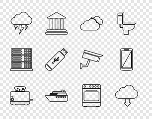 Sticker - Set line Toaster with toasts, Cloud download, Ship, Storm, USB flash drive, Oven and Smartphone, mobile phone icon. Vector