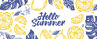 hello summer banner with doodles lemon and monstera leaves