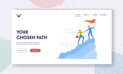 Wall Mural - Leadership Teamwork Landing Page Template. Business Leader Character Help Colleague Climb to Top of Mountain with Flag