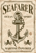 Anchor With Chain Vector Nautical Poster In Vintage Style. Illustration With Grunge Textures On Separate Layers