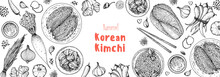 Kimchi Cooking And Ingredients For Kimchi, Sketch Illustration. Korean Cuisine Frame. Healthy Food, Design Elements. Hand Drawn, Package Design. Asian Food