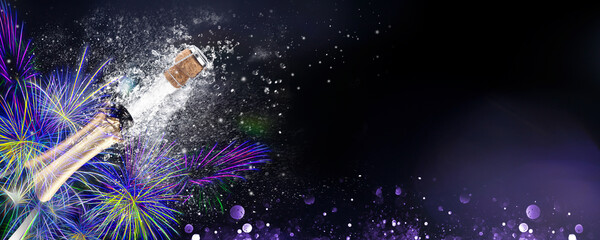 Wall Mural - fireworks with an exploding bottle of champagne on black background. ideal for new year, victories, 