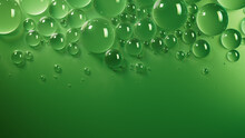 Water Drops On Green Background. Science Wallpaper With Copy-Space.