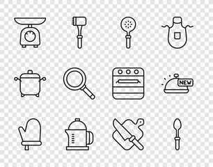 Wall Mural - Set line Oven glove, Teaspoon, Spatula, French press, Scales, Frying pan, Cutting board and knife and Covered with tray of food icon. Vector