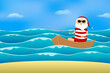 Santa Claus fishing on boat in sea. Vector illustration.