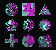 Set Of Holographic Geometric Shapes With Glitched And Distorted Texture. Abstract Design Elements For Poster, Logotype, Cover.