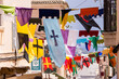 banners on the street, Capdepera Medieval Fair, Mercat Medieval, Capdepera, Mallorca, balearic islands, spain, europe