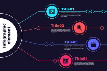 Wall Mural - Set Photo retouching, Magnifying glass and delete, Browser window and Graph chart infographic. Business infographic template. Vector