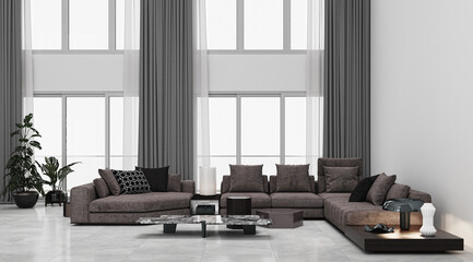 Sticker - Illustration 3D rendering large luxury modern bright interiors Living room mockup computer digitally generated image