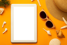 Summer Background With Blank Screen Tablet Computer And Beach Accessories - Sunglasses, Straw Hat On Vibrant Orange Background Top View With Copy Space