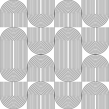 Modern Vector Abstract Seamless Geometric Pattern With Semicircles And Circles In Retro  Style. Black U Shapes On White Background. Minimalist  Illustration In Bauhaus Style With Simple Shapes.