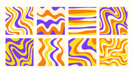 Wall Mural - Abstract set square backgrounds with colorful waves. Trendy vector illustration in style retro 60s, 70s. Blue, yellow and orange colors