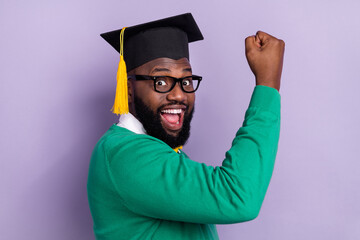 Wall Mural - Profile photo of delighted successful person raise fist achieve accomplishment isolated on violet color background