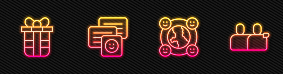 Set line International community, Gift box, Chat messages laptop and BFF or best friends forever. Glowing neon icon. Vector