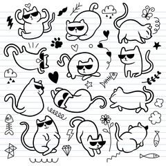 Sticker - collection of cute cat are hand drawn with contour lines.