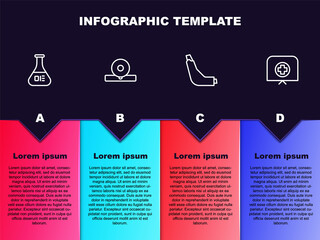 Sticker - Set line Test tube and flask, Otolaryngological head reflector, Inhaler and Nurse hat with cross. Business infographic template. Vector