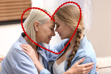 Canvas Print - Illustration of red heart and mother and her adult daughter spending time together at home