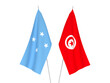 National fabric flags of Federated States of Micronesia and Republic of Tunisia isolated on white background. 3d rendering illustration.