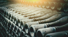 Glass Bottles With Wine Covered With Layer Of Dust In Wine Cellar Lie For Process Of Aging And Maturation Of Wine.