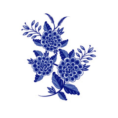 Wall Mural - .Blue and white bouquet of abstract flowers.  Design elements on a white background. Chinese style decoration. Floral vector template.