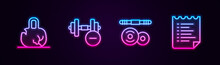 Set Line Broken Weight, Dumbbell, Barbell And Sport Training Program. Glowing Neon Icon. Vector