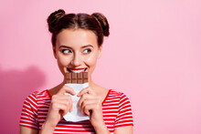 Picture Of Charming Funny Female Break Her Diet Plan Eat Yummy Chocolate Bar Isolated On Pink Color Background