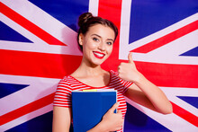 Photo Of Attractive Young Lady Become Student In England University Show Thumb Up Isolated Over Great Britain Flag Background