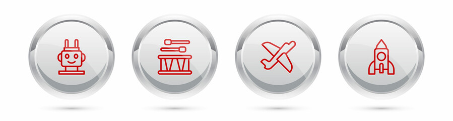 Sticker - Set line Robot toy, Drum with drum sticks, Toy plane and Rocket ship. Silver circle button. Vector