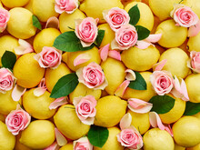 Lemons And Pink Rose Petals With Leaves (whole Image)