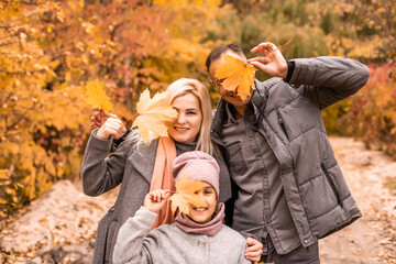 Wall Mural - A Family of four enjoying golden leaves in autumn park