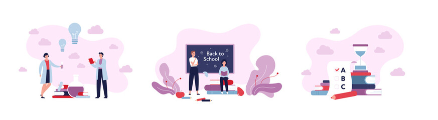 Education and back to school concept. Vector flat people illustration set. Group of multiethnic character. Teenager in lab coat. Black board, test tube, lightbulb, book, exam and hourglass symbol.