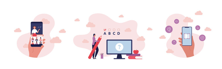 Online education concept. Vector flat design people illustration set. Library and webinar class on smartphone screen. Female student with pencil. Exam, book, apple symbol.