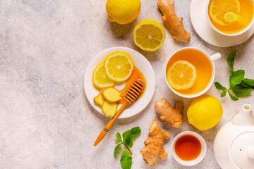 Wall Mural - Green tea with lemon, ginger and honey.