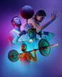© master1305 - Composite image with professional sportsmen, runner and basketball players, weightlifter over purple smoky background. Sport, team, competition, ad concept