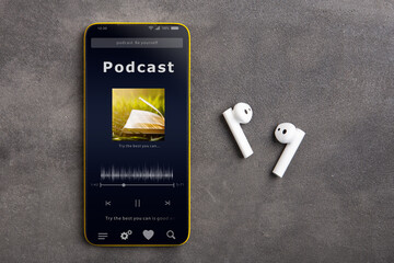 Streaming service. Listen podcast online concept, online music player app on smartphone
