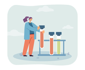 Sticker - Laboratory worker holding test tube flat vector illustration. Female scientist in white coat holding flask with samples. Occupation, medicine concept for banner, website design or landing web page