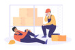 © SurfupVector - Worker lying on floor with injured leg flat vector illustration. Scared friend sitting on floor and calling ambulance. Accident in warehouse. Factory, danger, rescue, safety concept
