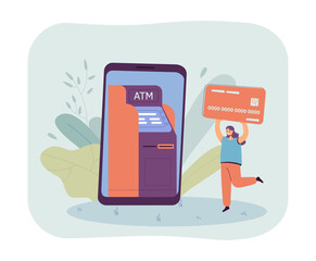 Canvas Print - Girl with credit card and phone with ATM on screen. Person paying using mobile banking app flat vector illustration. Money, online payment concept for banner, website design or landing web page