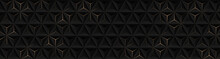 Abstract Luxury Black Grey Gradient Backgrounds With Triangles Golden Metallic Stripes. Dark 3d Geometric Texture Illustration. Bright Grid Pattern. Pure Horizontal Banner Wallpaper. Carbon Elegance