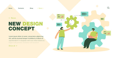 Wall Mural - tiny team of developers studying business workflow. persons working together on progress with gears 