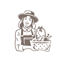 Friendly Woman Farmer Basket Full Fresh Organic Food Baking Fruit And Vegetables Vintage Icon Vector