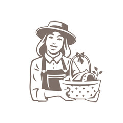 Wall Mural - Friendly woman farmer basket full fresh organic food baking fruit and vegetables vintage icon vector