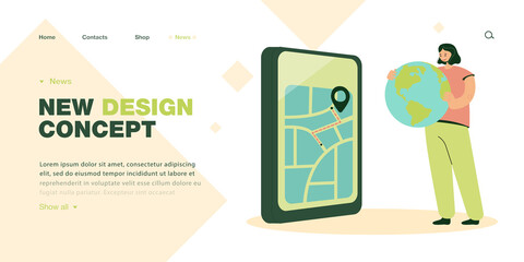 Tiny girl holding globe in front of smartphone with map on display. Woman choosing route to reach destination via app flat vector illustration. GPS concept for banner, website design, landing web page
