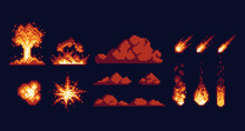 Nuclear Mushroom Cloud, Bomb Explosion Pixel Art Set. Fire Rain, Blast, Hot Comets Collection. Soot Clouds, Smoke. 8 Bit Sprite. Game Development, Mobile App.  Isolated Vector Illustration.