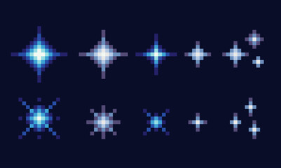 Stars, glitter,sparkles. Starry sky pixel art set. Space shining object collection. 8 bit sprite. Game development, mobile app.  Isolated vector illustration.