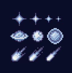 Wall Mural - stars, glitter,sparkles. starry sky pixel art set. space shining object collection. 8 bit sprite. ga