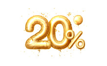 20 Off Balloons, Discount Sale, Balloon In The Form Of A Digit, Golden Confetti. Vector